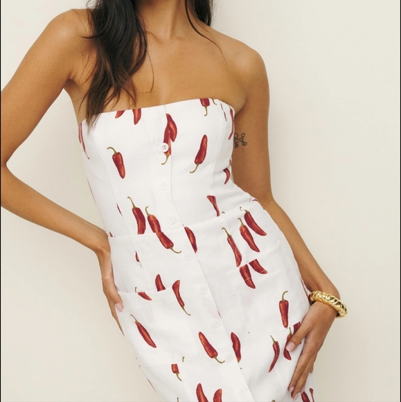 Reformation Prescott Linen Dress - Size 12 Jalapeño Print - Strapless Midi dress - Picture 3 of 7